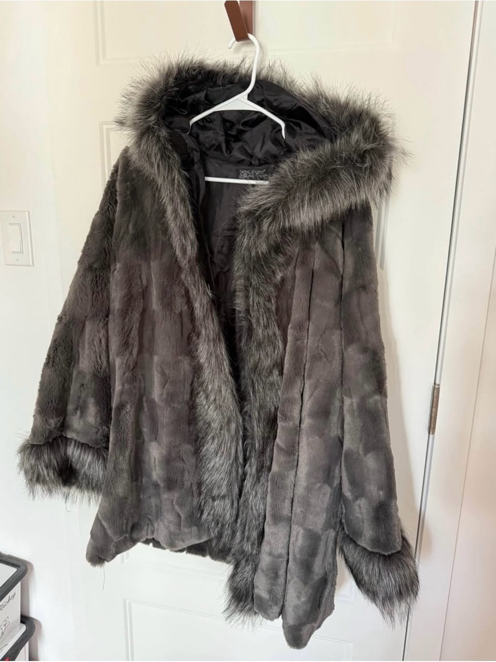 Luxurious Gray Faux Fur Hooded Coat